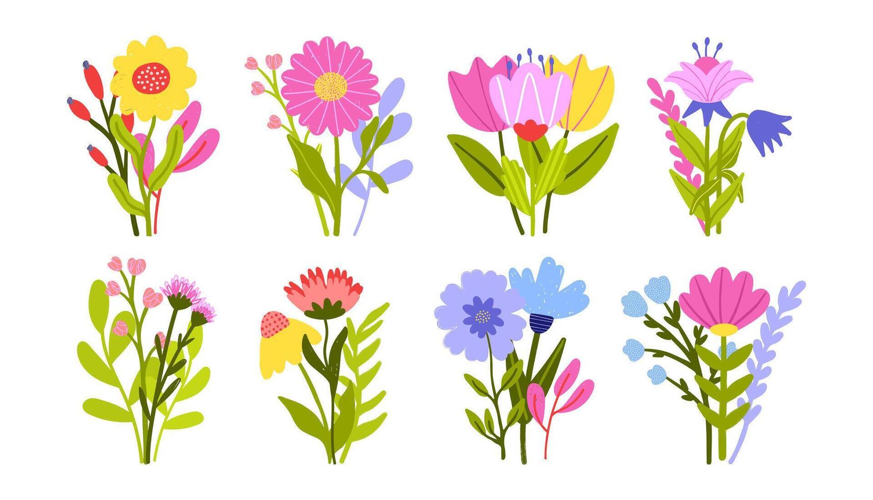 mano disegnato colorato mazzo di fiori, le foglie vettore collezione