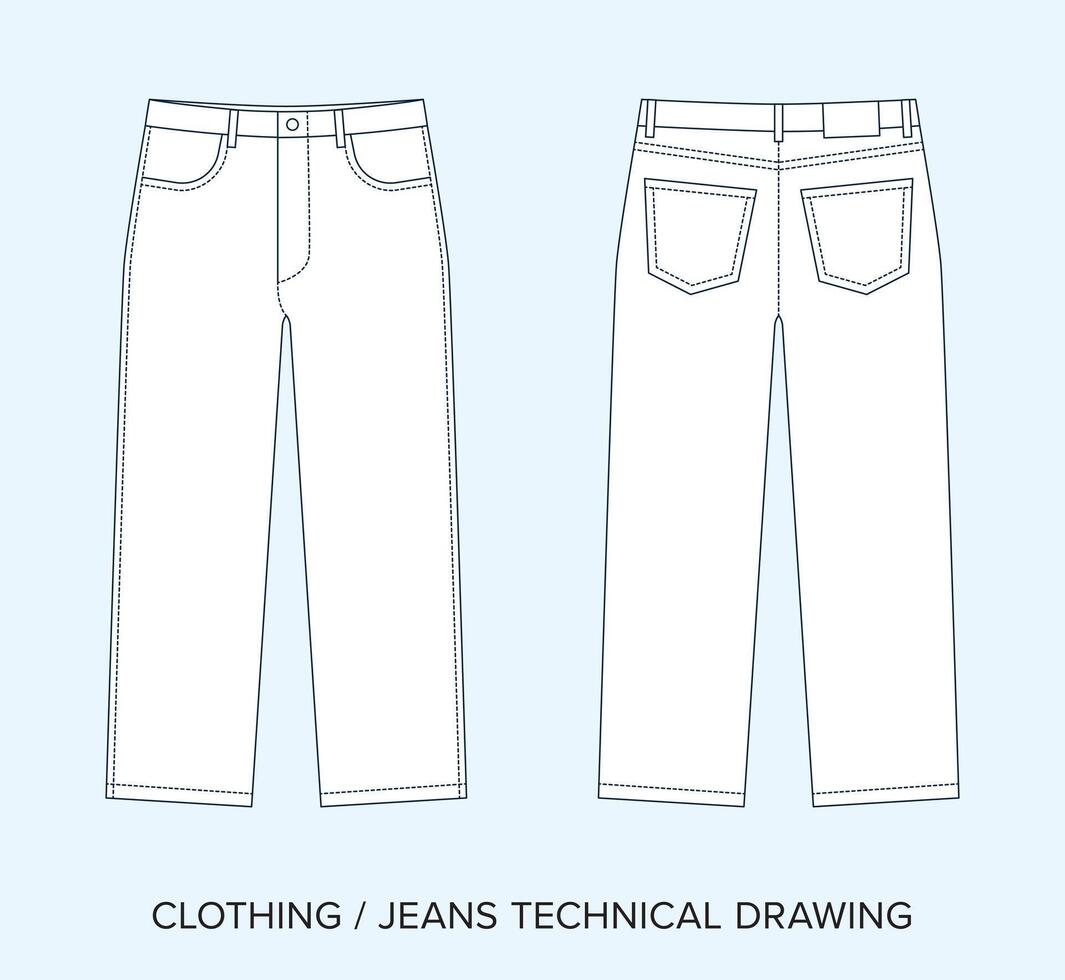 denim i pantaloni con tasche, tecnico disegno, abbigliamento planimetria per moda progettisti vettore