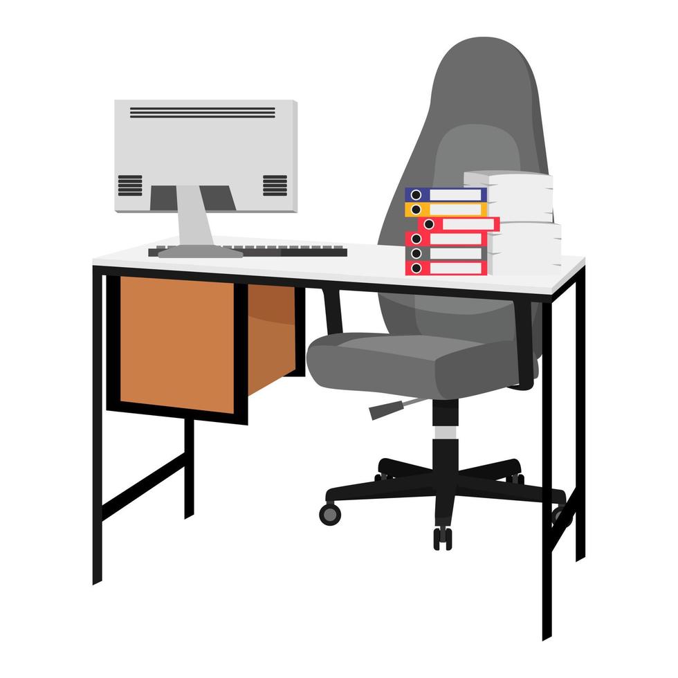 moderna scrivania vuota per freelance di home office con cassetto tavolo sedia e con computer pc e con alcune cartelle di file di pile di carta vettore