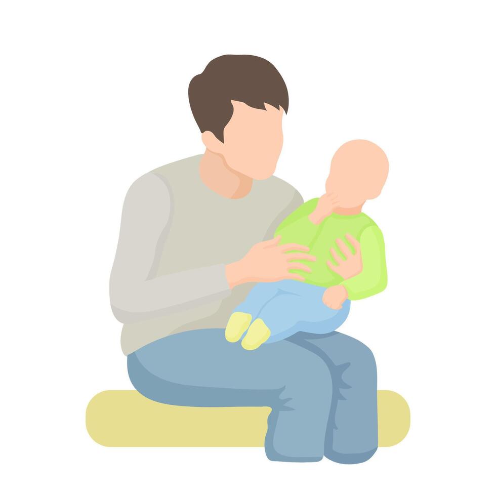 bianca giovane uomo seduta detiene un' bambino nel il suo giro. un' giovane padre sembra a il suo bambini nel il suo braccia, semplice vettore stile nel silhouette