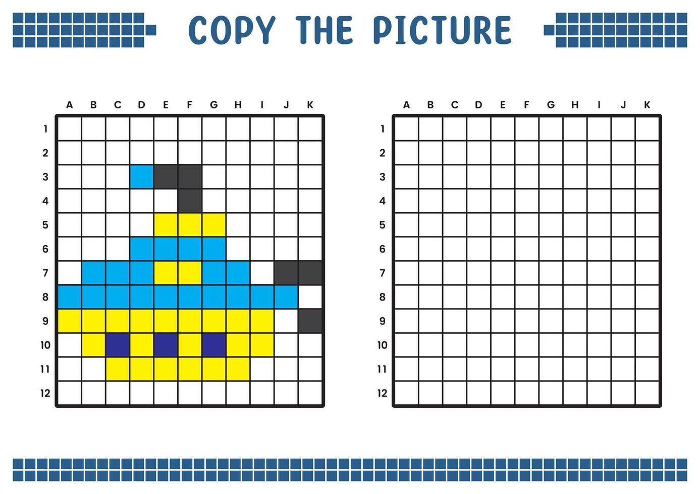 copia il immagine, completare il griglia Immagine. educativo fogli di lavoro disegno con piazze, colorazione cellula le zone. figli di prescolastico attività. cartone animato vettore, pixel arte. sottomarino illustrazione. vettore