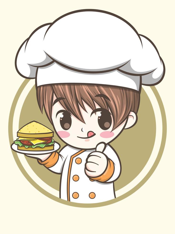 simpatico chef che tiene un panino. concetto di illustrazione del logo di fast food vettore