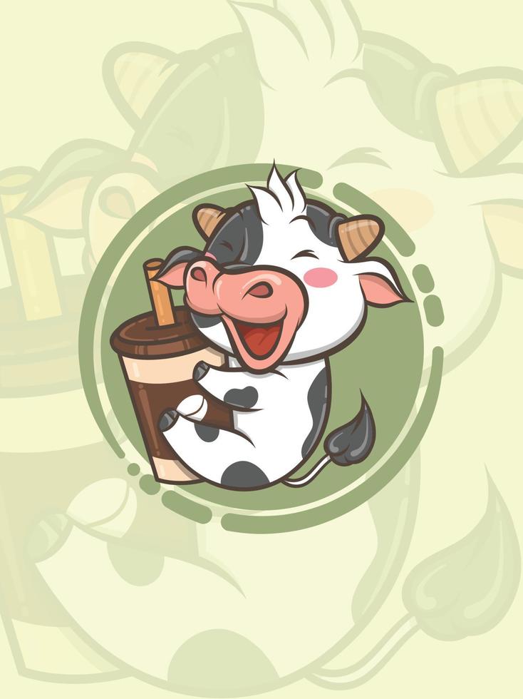 simpatica mucca che abbraccia la tazza di caffè - personaggio dei cartoni animati e illustrazione del logo vettore