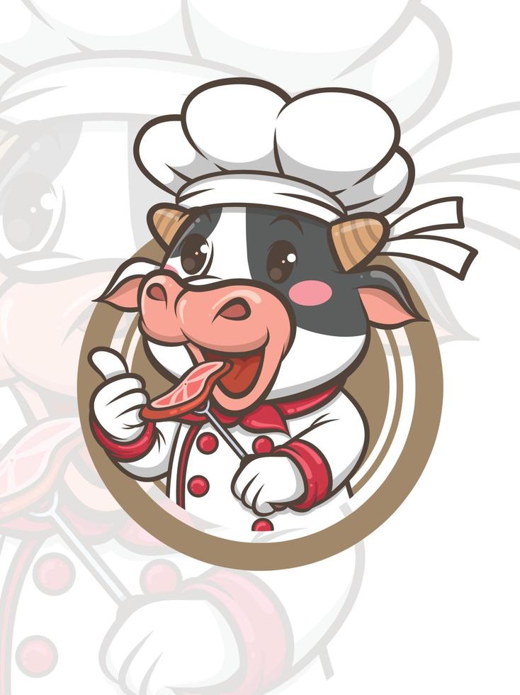 simpatico chef mucca personaggio dei cartoni animati che tiene bistecca alla griglia - mascotte e illustrazione vettore