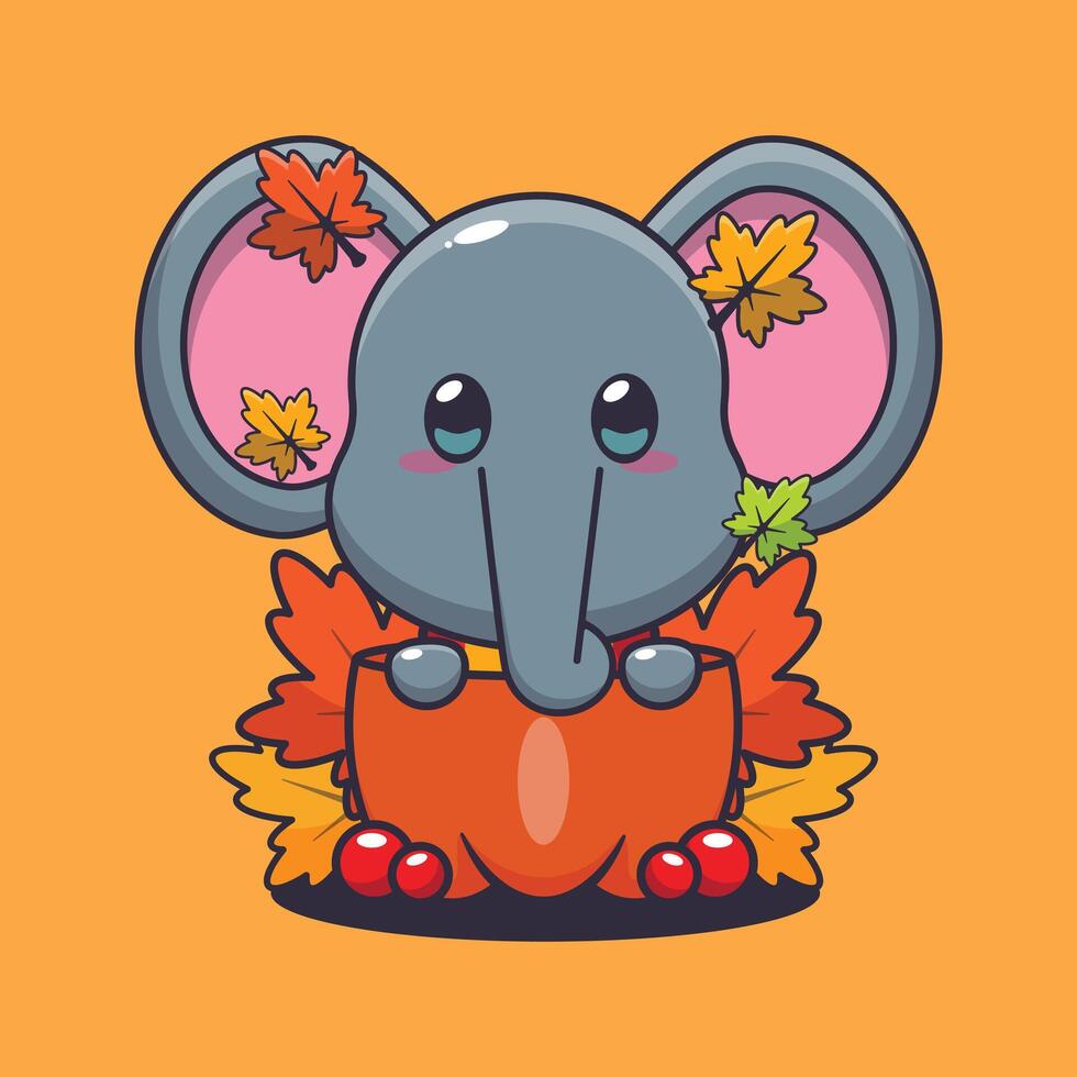 carino elefante nel un' zucca a autunno stagione cartone animato vettore illustrazione