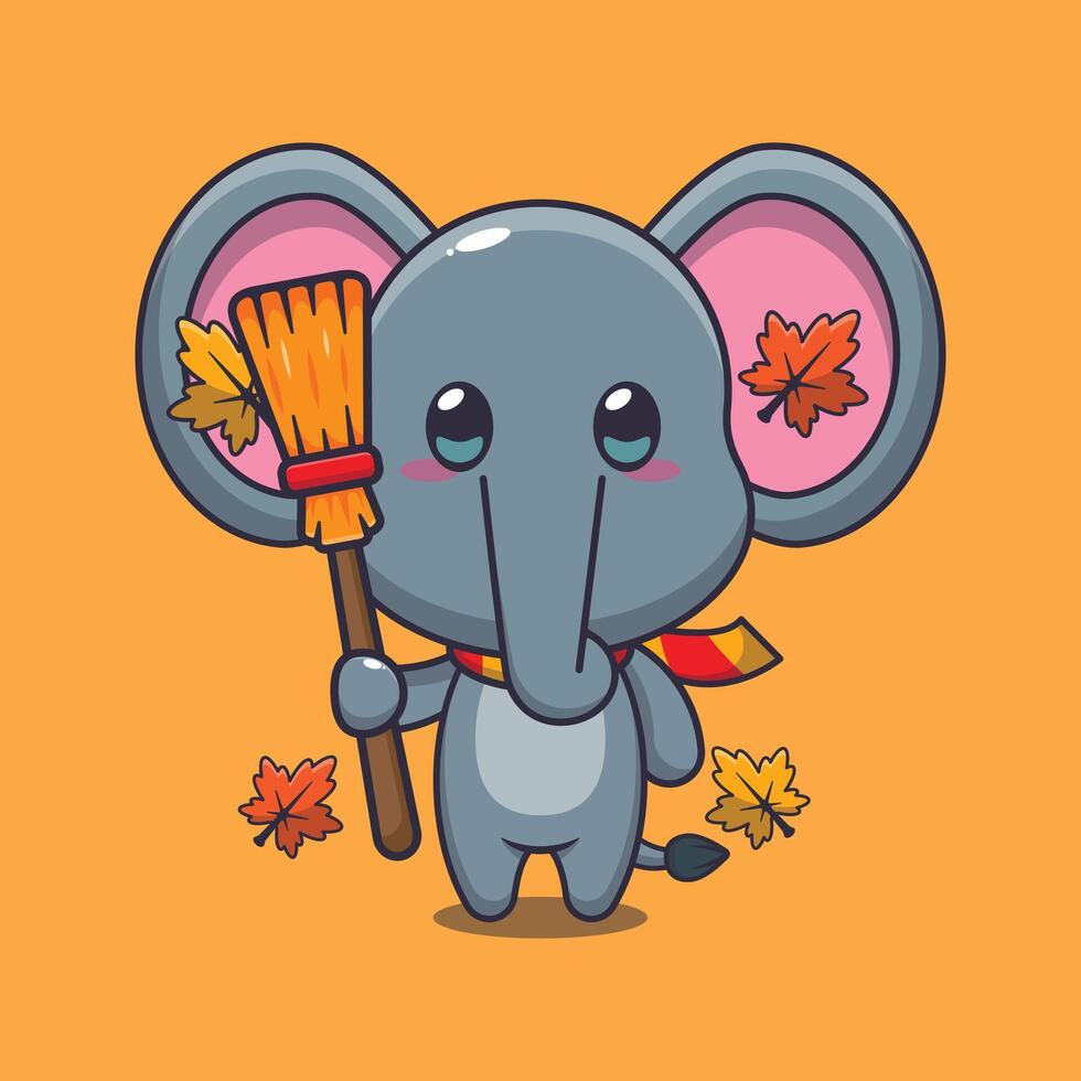 carino autunno elefante Tenere scopa cartone animato vettore illustrazione