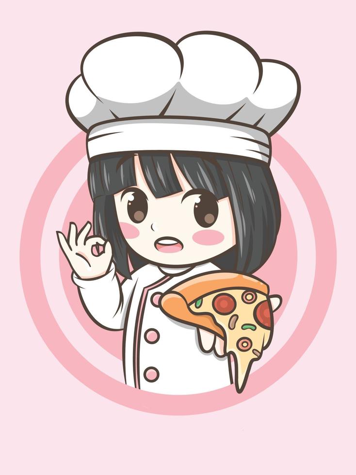 ragazza carina chef che tiene una fetta di pizza. concetto di illustrazione logo fast food. vettore