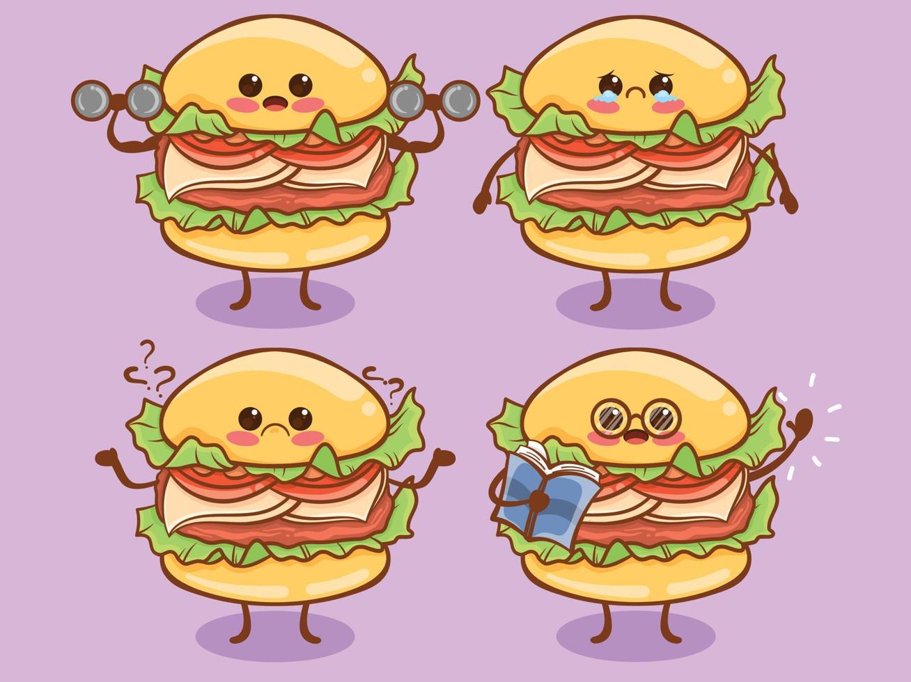 set di hamburger carino tutta l'espressione. cartone animato vettore