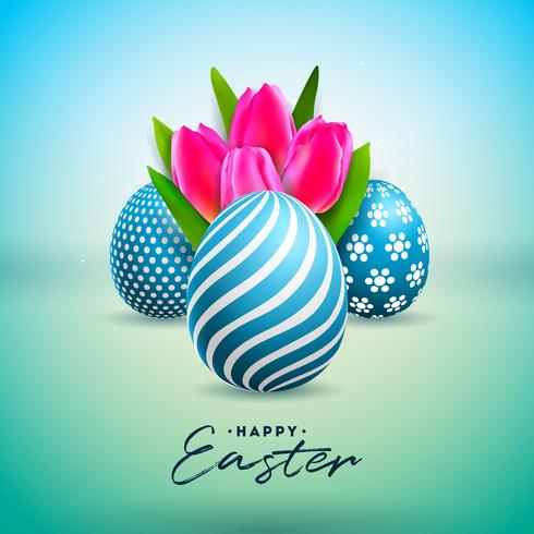 Illustrazione vettoriale di felice vacanza di Pasqua con uova dipinte e fiori di tulipano