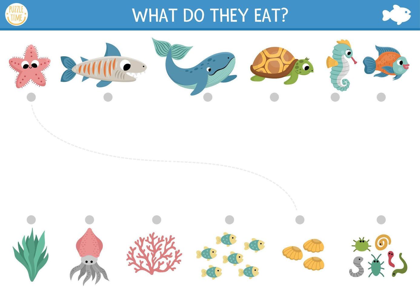 sotto il mare accoppiamento attività con carino pesce e cibo. acqua puzzle con balena, tartaruga, cavalluccio marino, squalo. incontro il oggetti gioco. alimentazione il animali stampabile foglio di lavoro. oceano incontro su pagina vettore