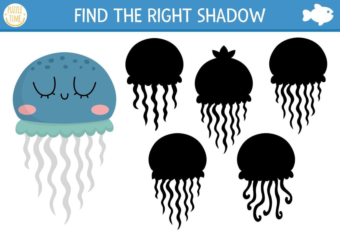 sotto il mare ombra accoppiamento attività. oceano puzzle con carino Medusa. trova corretta silhouette stampabile foglio di lavoro o gioco. acqua animale pagina per bambini con gelatina pesce vettore