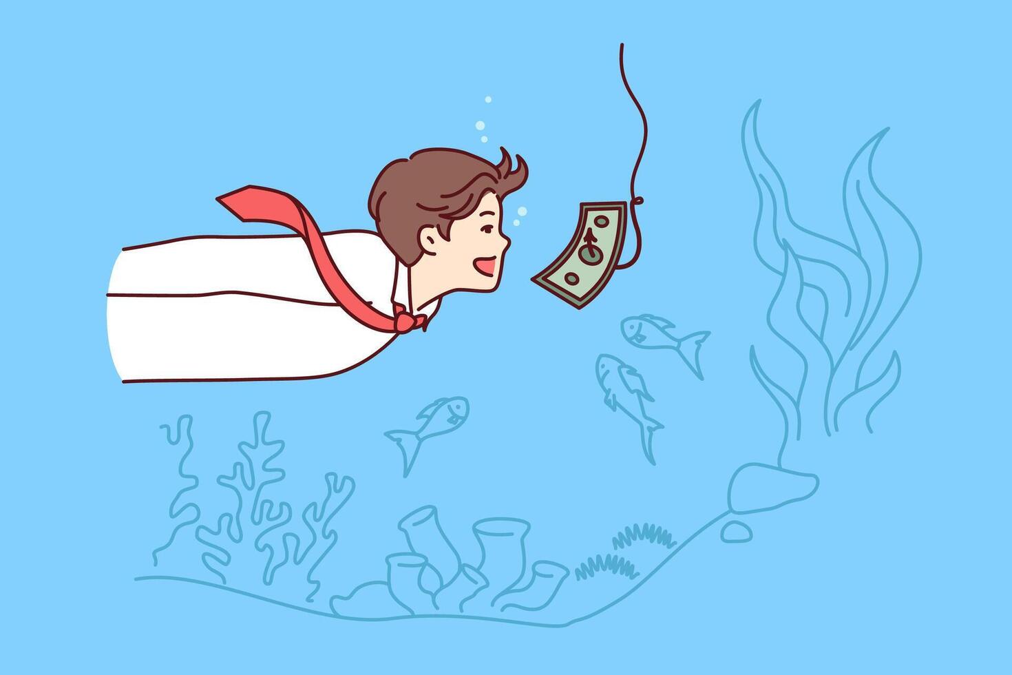 i soldi trappola nel davanti di attività commerciale uomo nuoto subacqueo con banconota su pesca asta gancio vettore