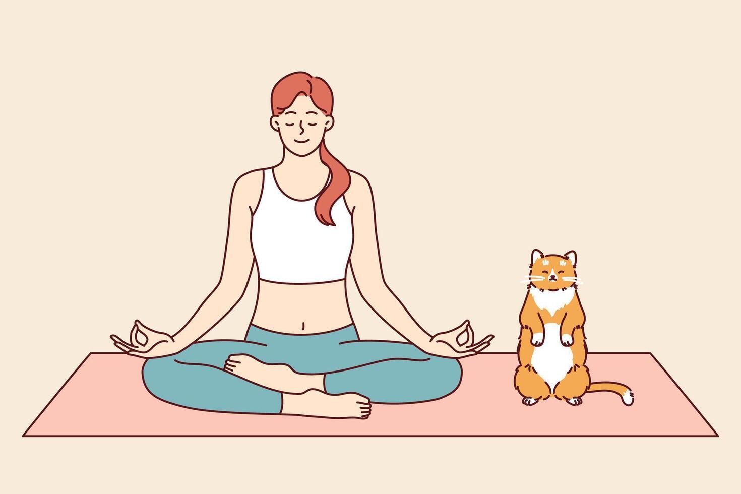 donna fa yoga con gatto, Meditare nel loto posizione a partire dal zen o asana pratica vettore