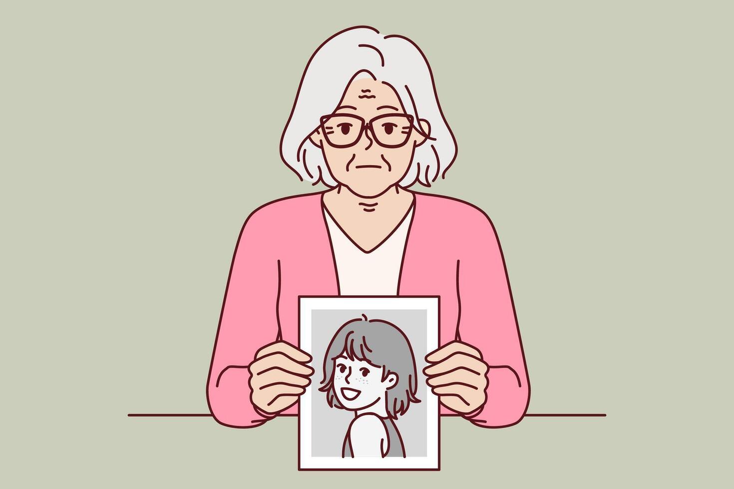 anziano donna ricorda gioventù, mostrando ritratto a partire dal passato, e sembra a schermo con leggero tristezza vettore
