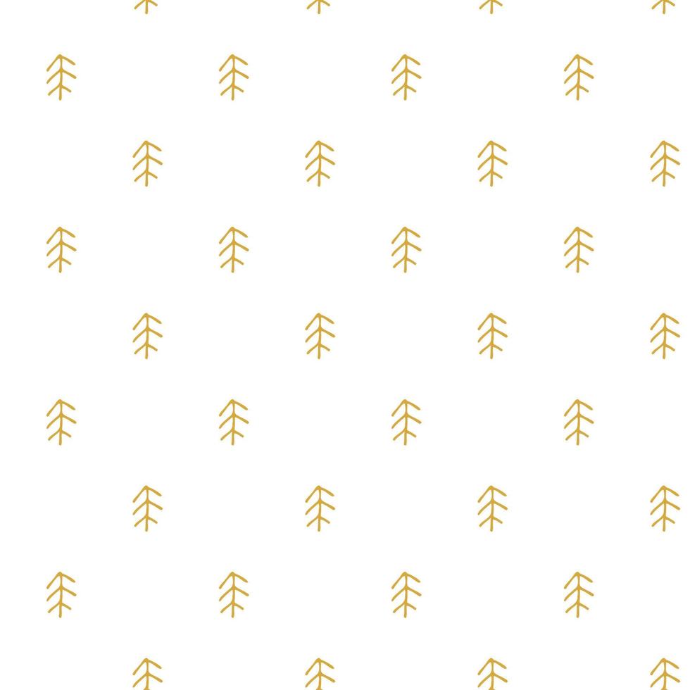modello senza soluzione di continuità in stile doodle. l'illustrazione infinita di inverno è disegnata a mano. felice anno nuovo 2022 e buon natale. semplici alberi di natale dorati su sfondo bianco. vettore