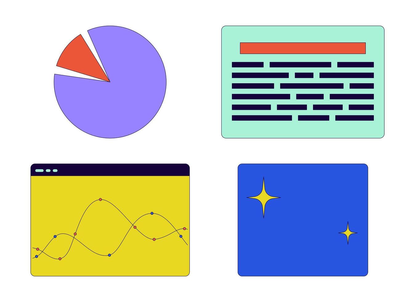 Infografica ragnatela pagine 2d lineare cartone animato oggetti impostare. torta grafico, testo Schermo, grafico tendenze pagina web isolato linea vettore elementi bianca sfondo. visualizzazione colore piatto individuare illustrazione collezione