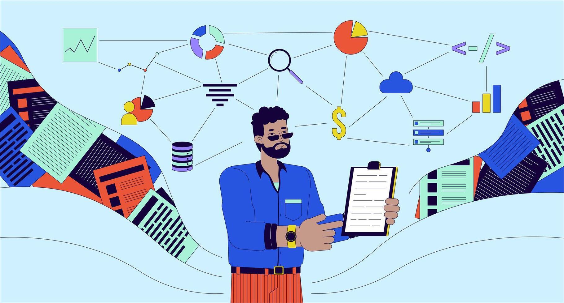 dati analista abilità 2d lineare illustrazione concetto. afroamericano maschio analisi esperto Tenere appunti cartone animato scena su blu sfondo. Banca dati gestione metafora astratto piatto vettore grafico