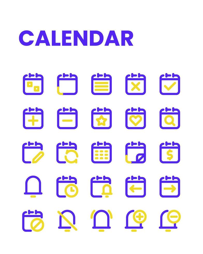 calendario icona collezione nel doppio colore linea stile, Compreso notifica, Piano, evento, organizzazione, promemoria e di più. vettore
