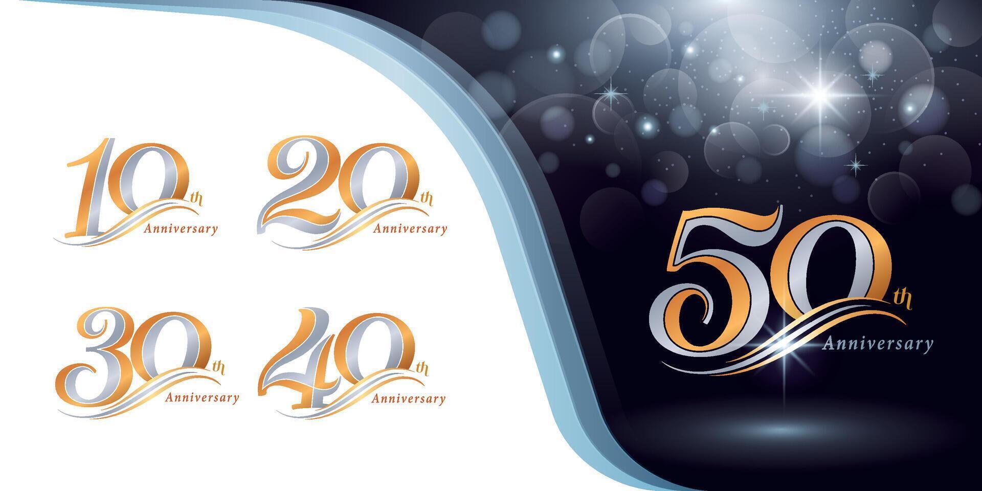 impostato di 10 per 50 anni anniversario logotipo disegno, dieci per cinquanta anni festeggiare anniversario logo, argento e oro elegante classico logo celebrazione, vettore