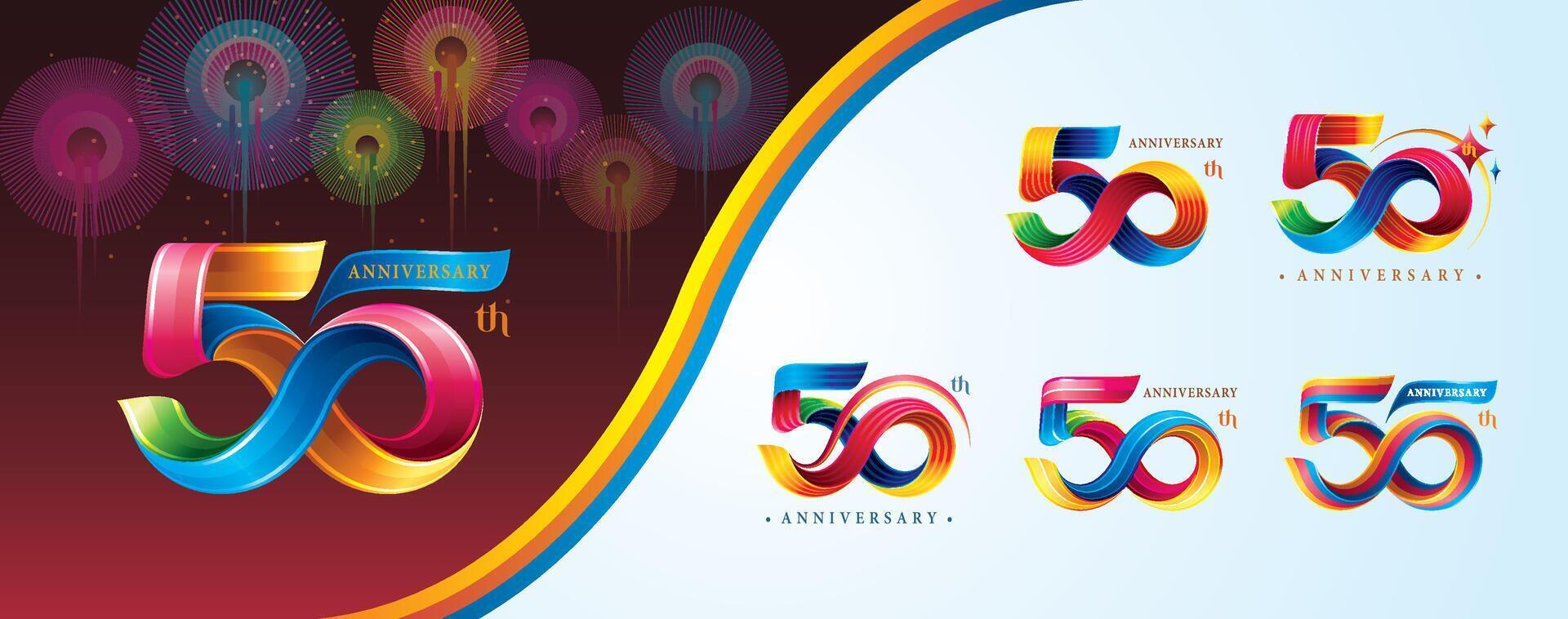 impostato di 50 ° anniversario colorato logotipo disegno, cinquanta anni celebrazione logo. astratto torcere infinito multiplo linea colorato vettore