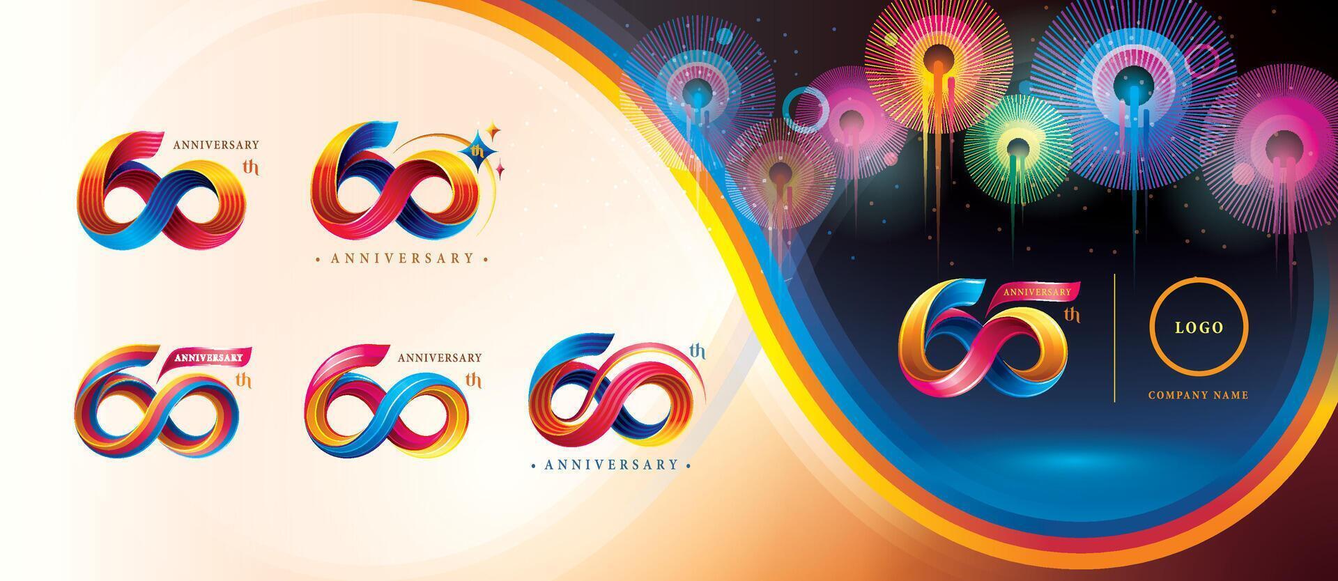 impostato di 60 ° anniversario colorato logotipo disegno, sessanta anni celebrazione logo. astratto torcere infinito multiplo linea colorato vettore