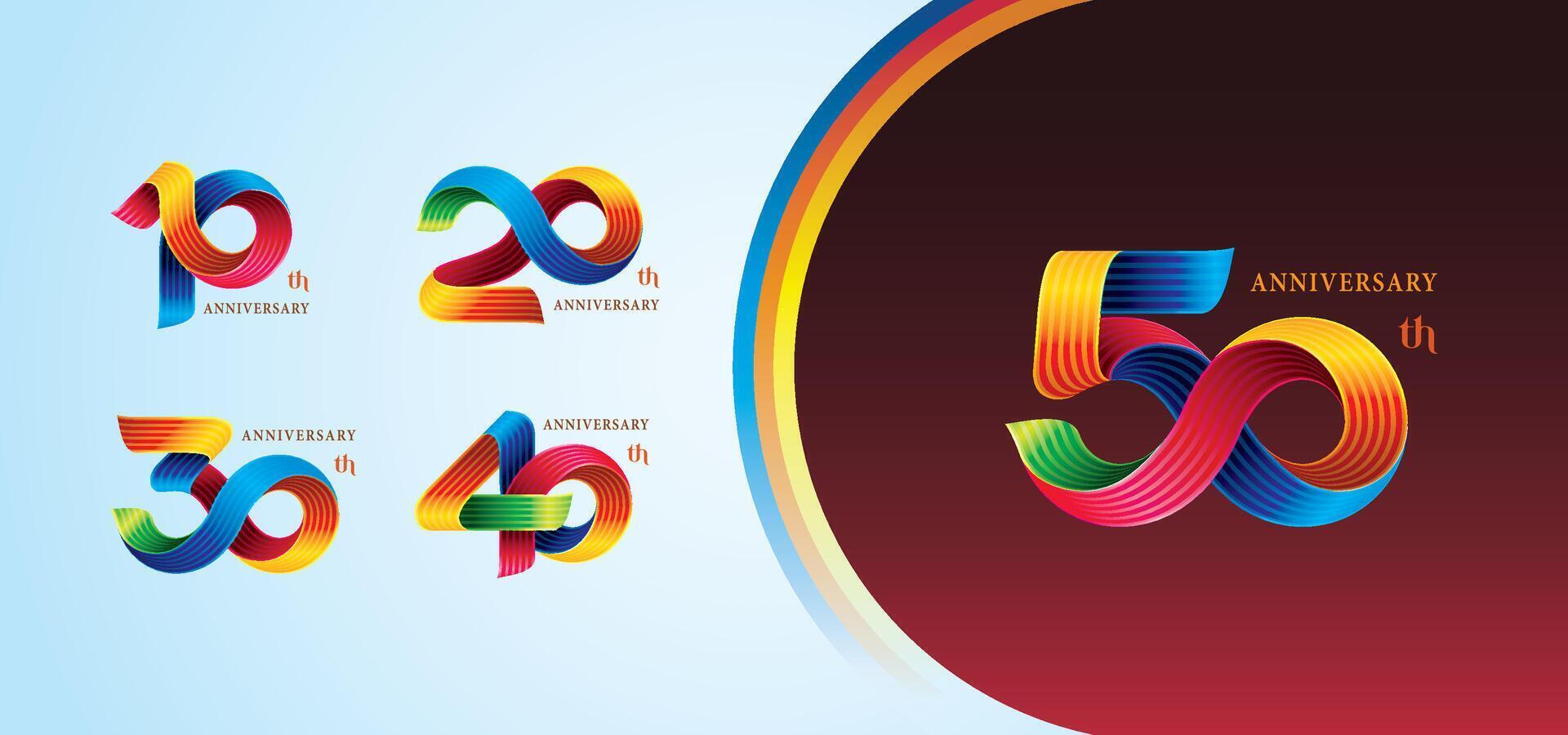 impostato di 10 per 50 anni anniversario colorato logotipo disegno, 10,20,30,40,50 anno, astratto torcere infinito multiplo linea colorato. vettore