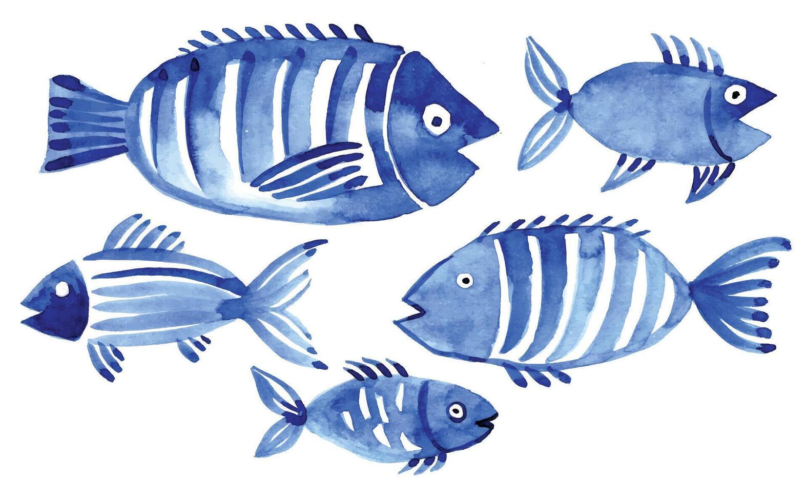 acquerello impostato con pesce. figli di semplice disegno blu pesce su un' bianca sfondo. scarabocchio vettore
