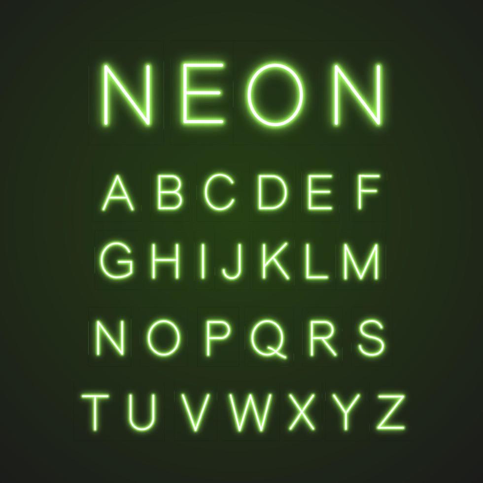 set di icone di luce al neon alfabeto verde. abc. segni luminosi. lettere. illustrazioni vettoriali isolate