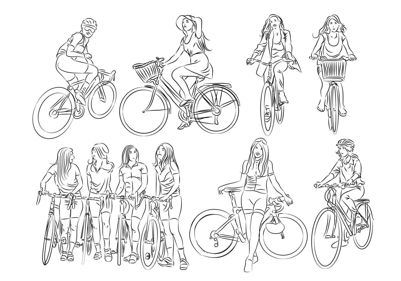 un' collezione donne equitazione bicicletta schizzo disegno per sfondo design. vettore