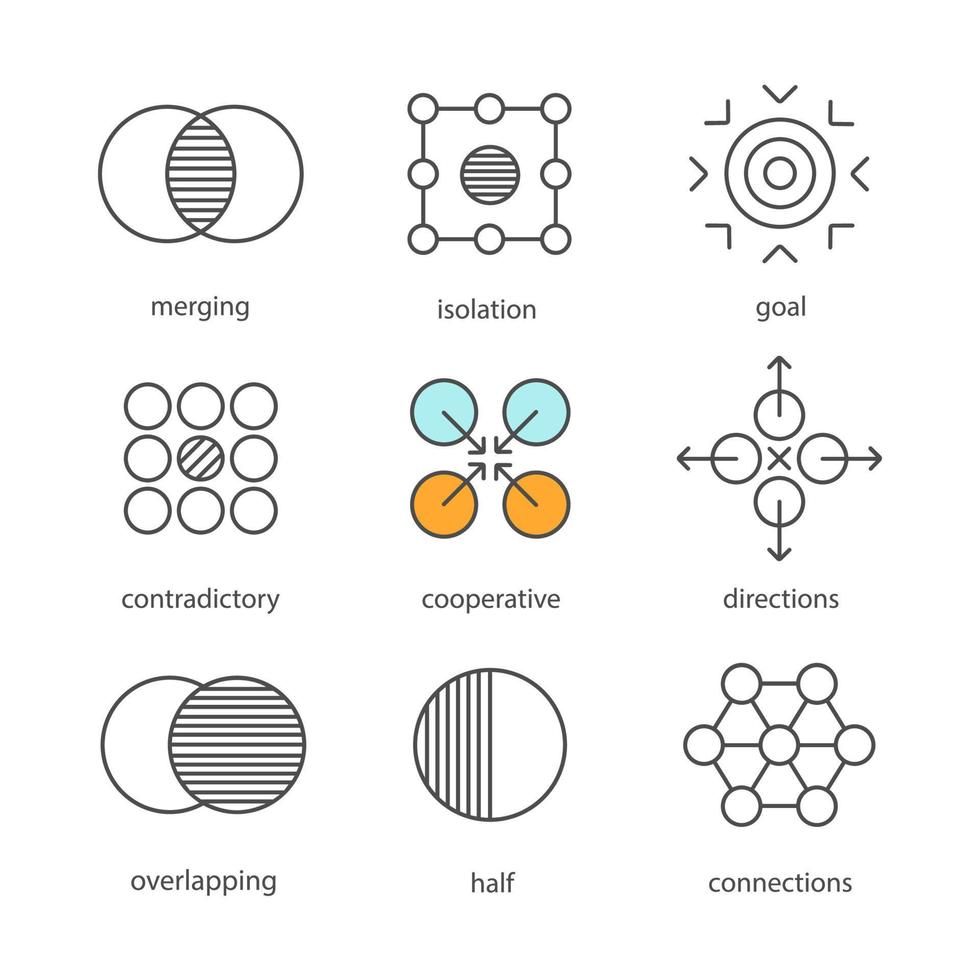 simboli astratti lineari set di icone. fusione, isolamento, obiettivo, contraddittorio, cooperativo, direzioni, sovrapposizione, metà, connessioni. simboli di contorno linea sottile. illustrazioni di contorno vettoriale isolato