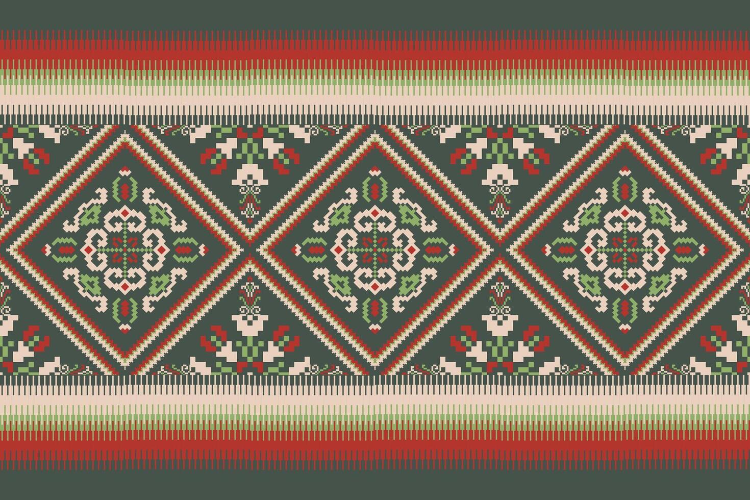 geometrico etnico orientale modello vettore illustrazione.floreale pixel arte ricamo su verde sfondo, azteco stile, astratto sfondo.design per trama, tessuto, abbigliamento, avvolgimento, decorazione, sciarpa, stampa