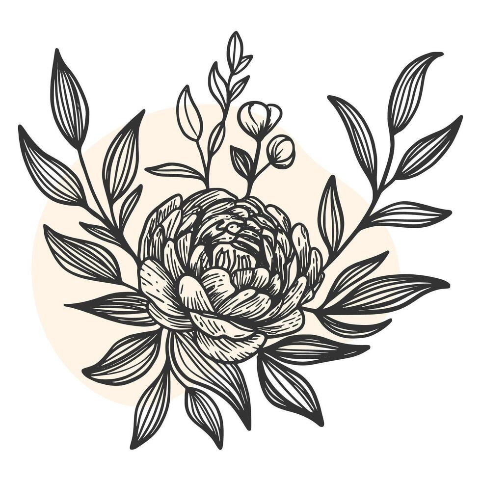 lusso fiori e logo. di moda botanico elementi. mano disegnato linea le foglie rami e fioritura. nozze elegante fiori selvatici per invito Salva il Data carta. vettore