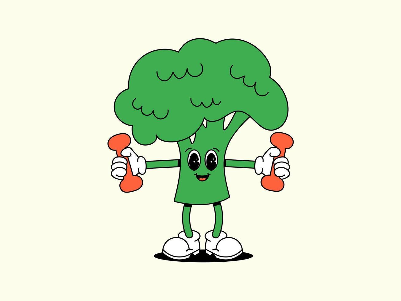 sport broccoli con manubri nel mani. verde scanalatura verdura. personaggio di salutare cibo. retrò vettore illustrazione