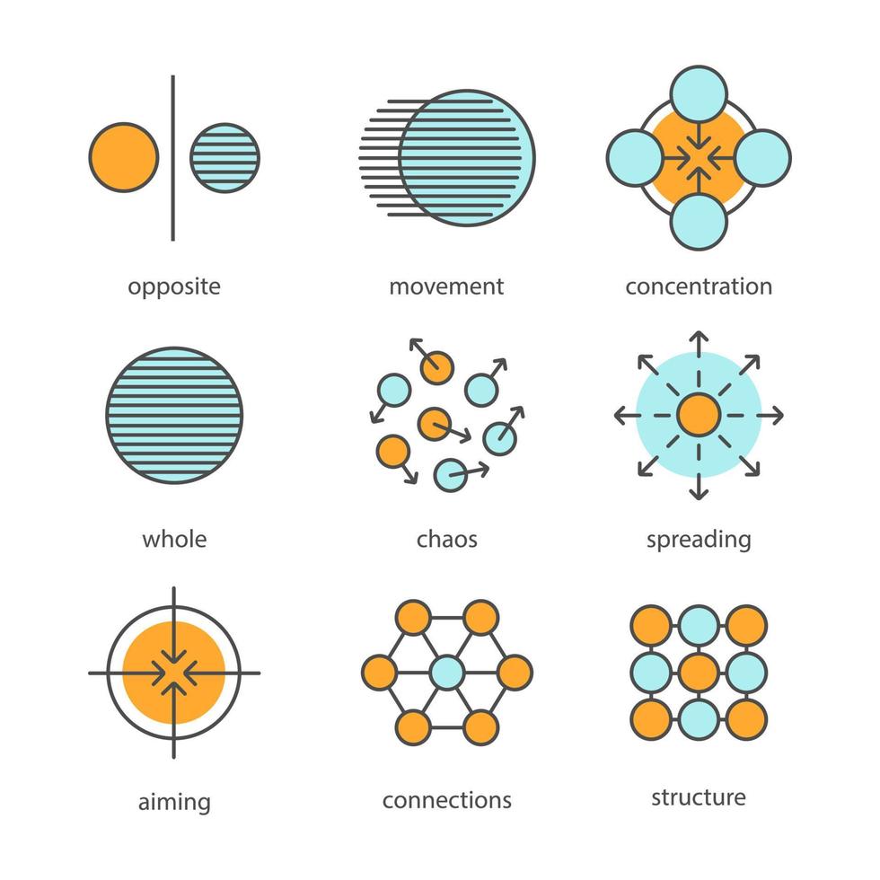 simboli astratti icone di colore impostate. opposto, movimento, concentrazione, insieme, caos, diffusione, mira, connessioni, concetti di struttura. illustrazioni vettoriali isolate