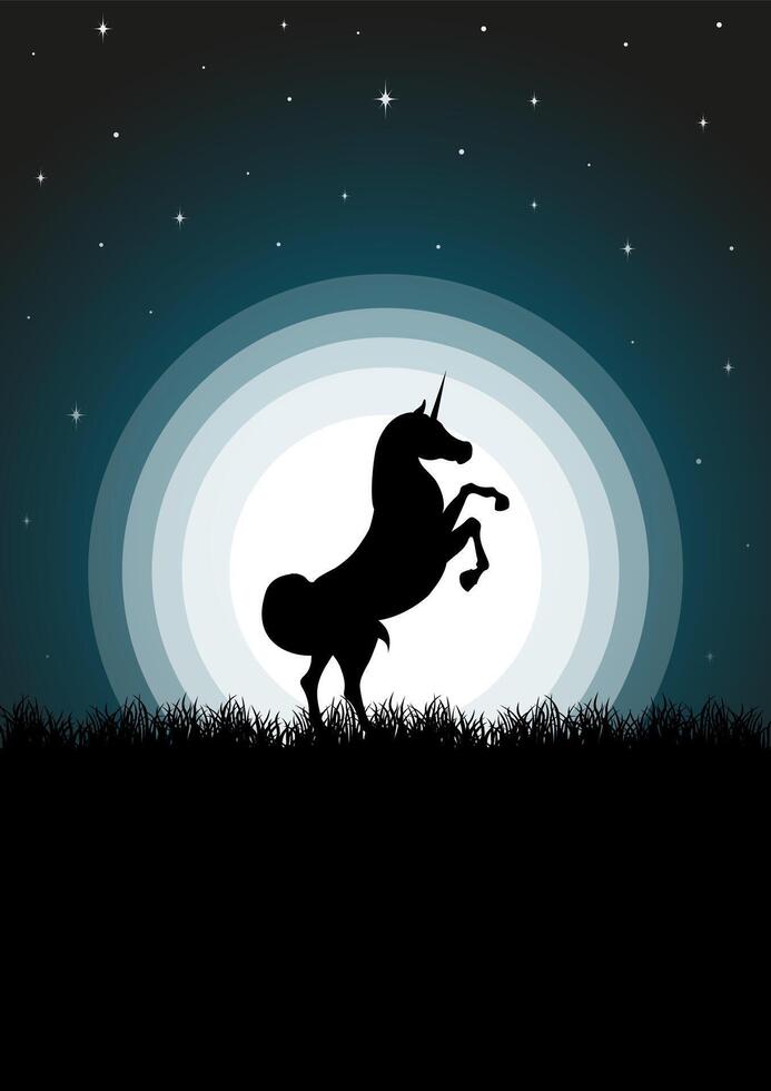 Magia unicorno silhouette in piedi nel primavera crepuscolo prato. nebbioso paesaggio, pieno Luna e cavallo vettore