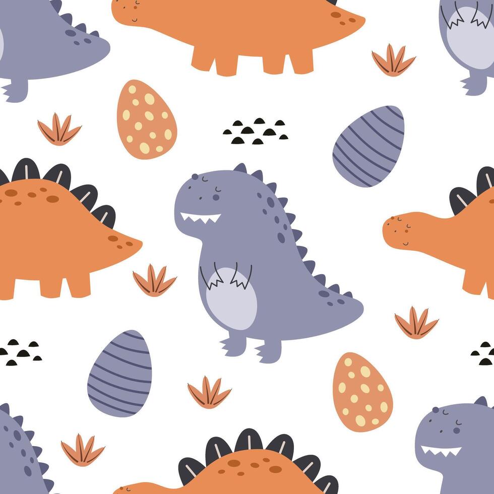 senza soluzione di continuità modello con cartone animato dinosauri, arredamento elementi. colorato vettore piatto stile per bambini. animali. mano disegno. bambino design per tessuto, Stampa, involucro, tessile