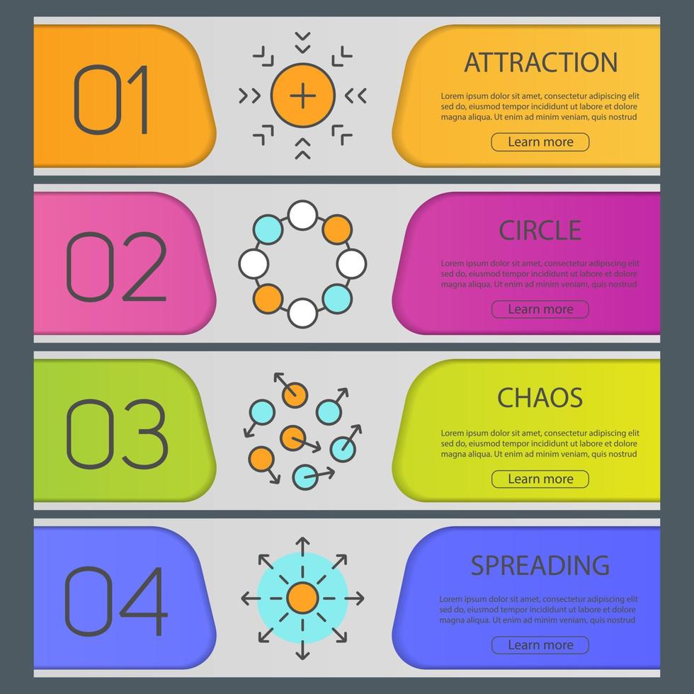 set di modelli di banner simboli astratti. attrazione, cerchio, caos, diffusione. voci di menu del sito web. banner web a colori. concetti di design delle intestazioni vettoriali