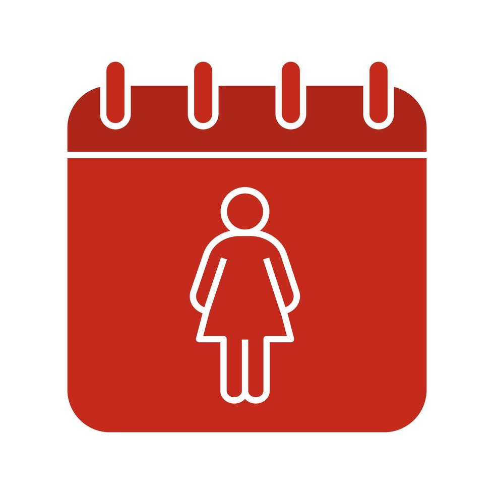 icona del colore del glifo della giornata internazionale della donna. pagina del calendario con la donna. simbolo di sagoma su sfondo nero. calendario del ciclo mestruale. spazio negativo. illustrazione vettoriale