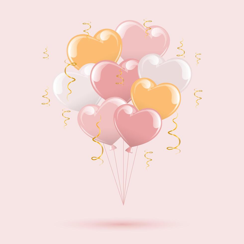 mazzo di 3d palloncini. colorato rosa e giallo palloncini e oro nastri. contento compleanno carta, vacanza mille dollari apertura. vettore