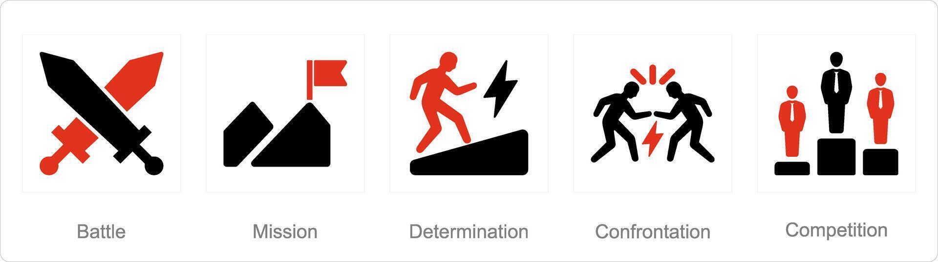 un' impostato di 5 sfida icone come battaglia, missione, determinazione vettore