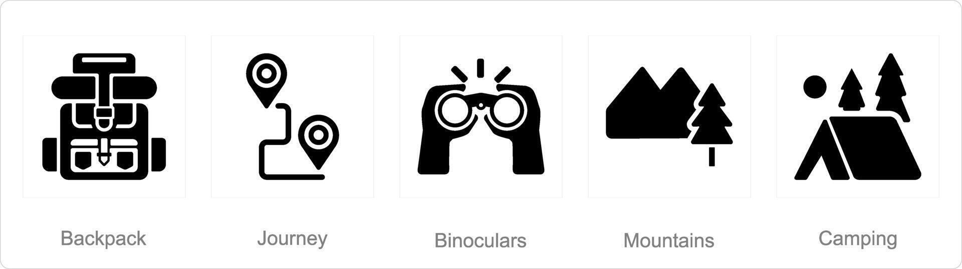 un' impostato di 5 avventura icone come zaino, viaggio, binocolo vettore