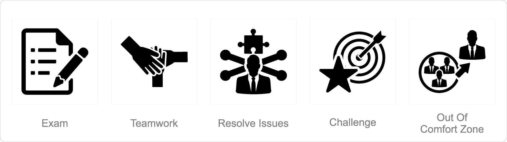 un' impostato di 5 sfida icone come esame, lavoro di squadra, risolvere problemi vettore