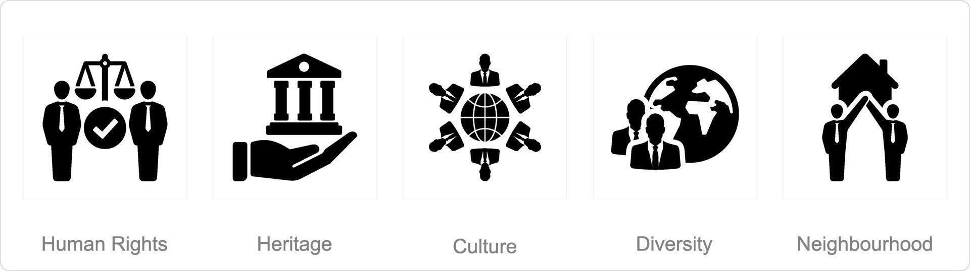 un' impostato di 5 Comunità icone come umano diritti, eredità, cultura vettore