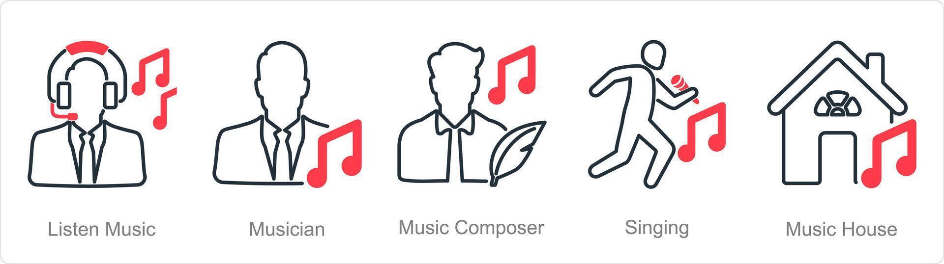 un' impostato di 5 musica icone come ascolta musica, musicista, musica compositore vettore