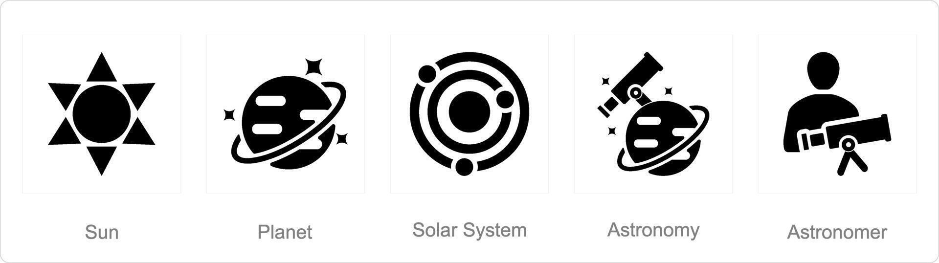 un' impostato di 5 astronomia icone come sole, pianeta, solare sistema vettore