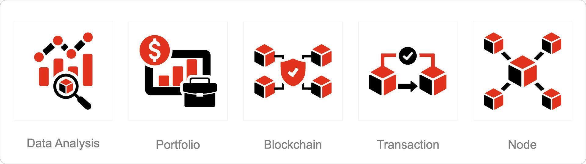 un' impostato di 5 blockchain icone come dati analisi, portafoglio, blockchain vettore