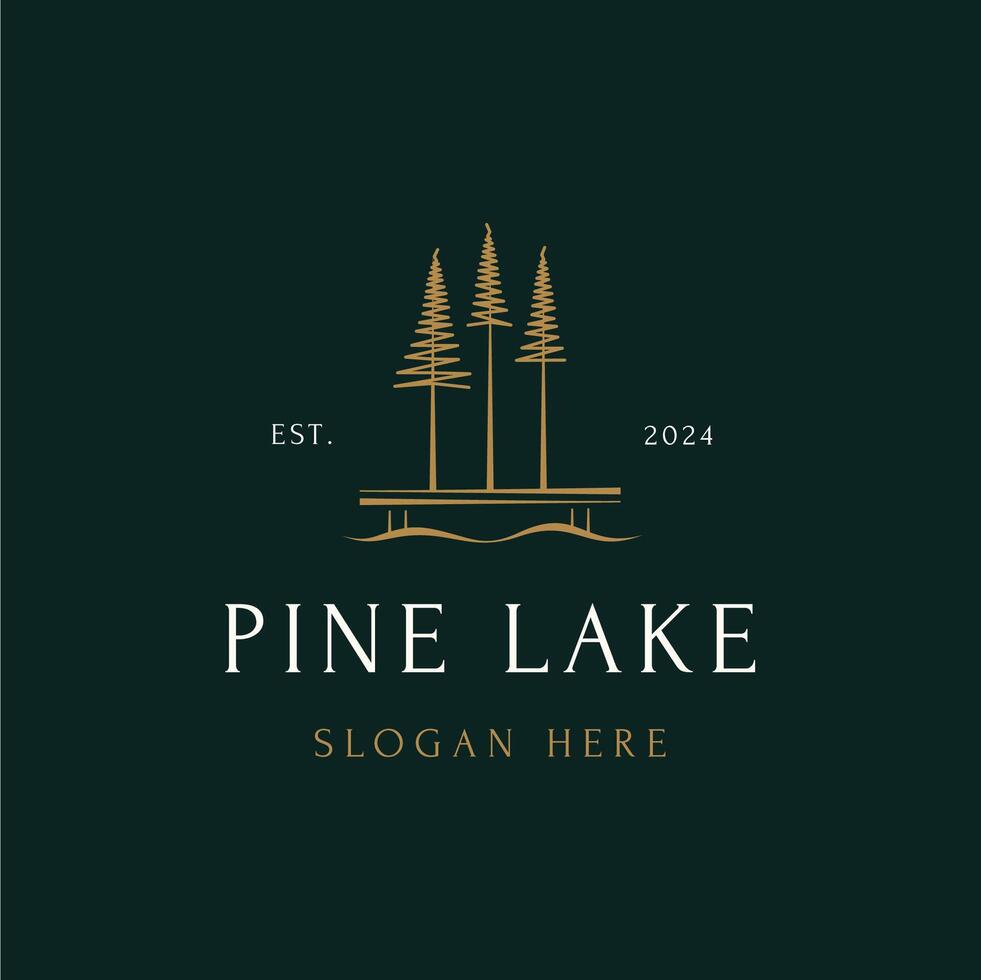 minimalista paesaggio lago con grande pino alberi e molo semplice logo design vettore
