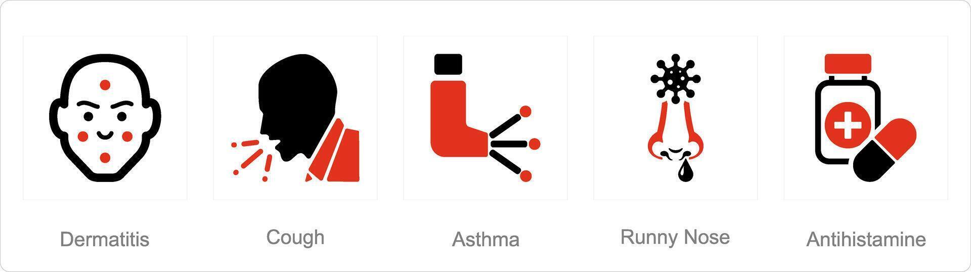 un' impostato di 5 allergia icone come dermatite, tosse, asma vettore