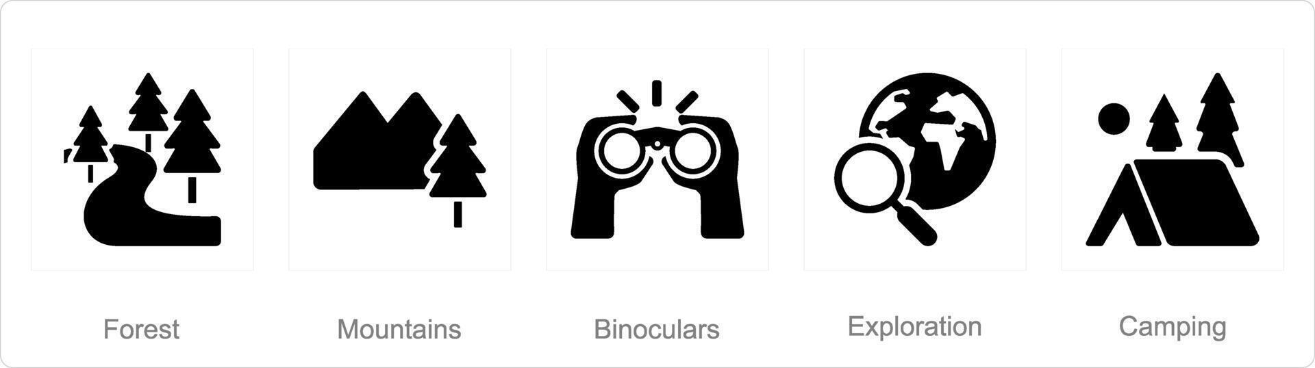 un' impostato di 5 avventura icone come foresta, montagne, binocolo vettore