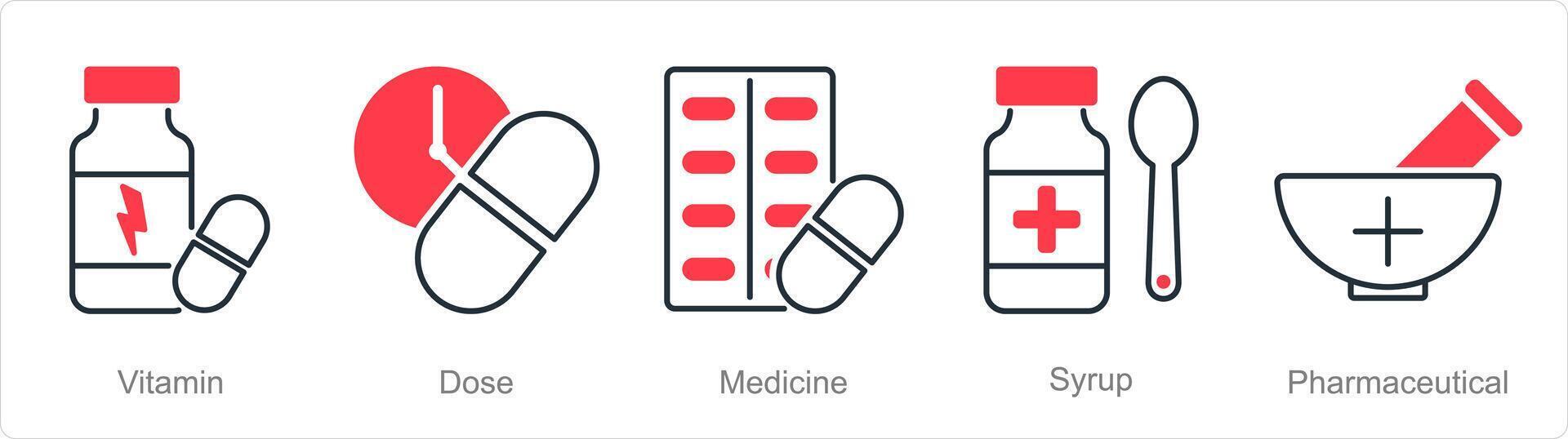 un' impostato di 5 farmacia icone come vitamina, dose, medicina vettore